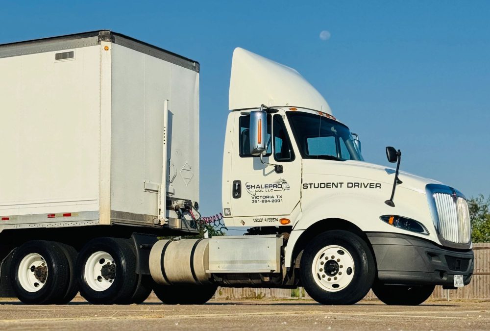 White semi-truck with trailer parked under clear blue sky.