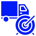 Blue truck and target icon on black.